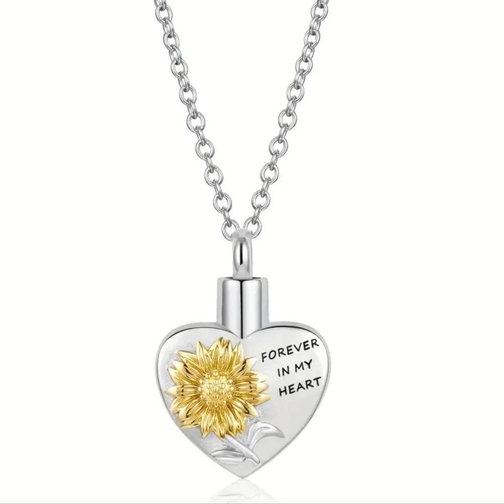 Cremation Necklace Heart Shape With Sunflower "Forever In My Heart"...NWOT